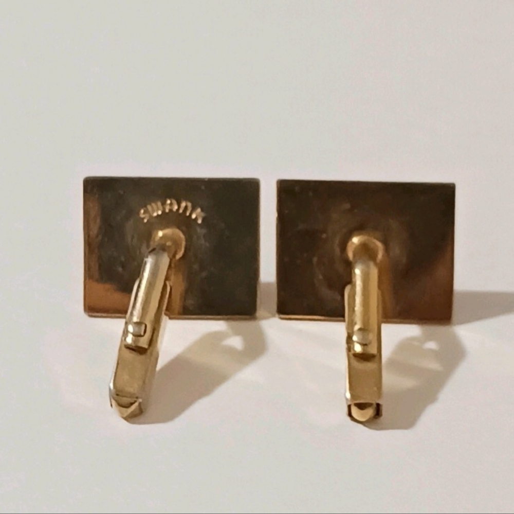 VTG Swank Gold Tone Rectangular Cufflinks Brown Faux Leather Inlay MCM Retro - Picture 6 of 9